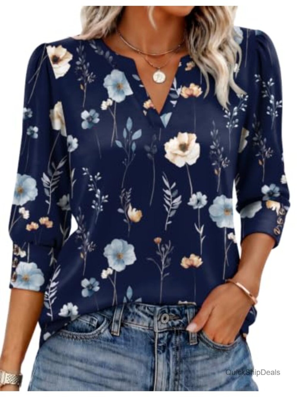 Women's 3/4 Sleeve V Neck T Shirt Puff Shoulder Casual Blouse Top